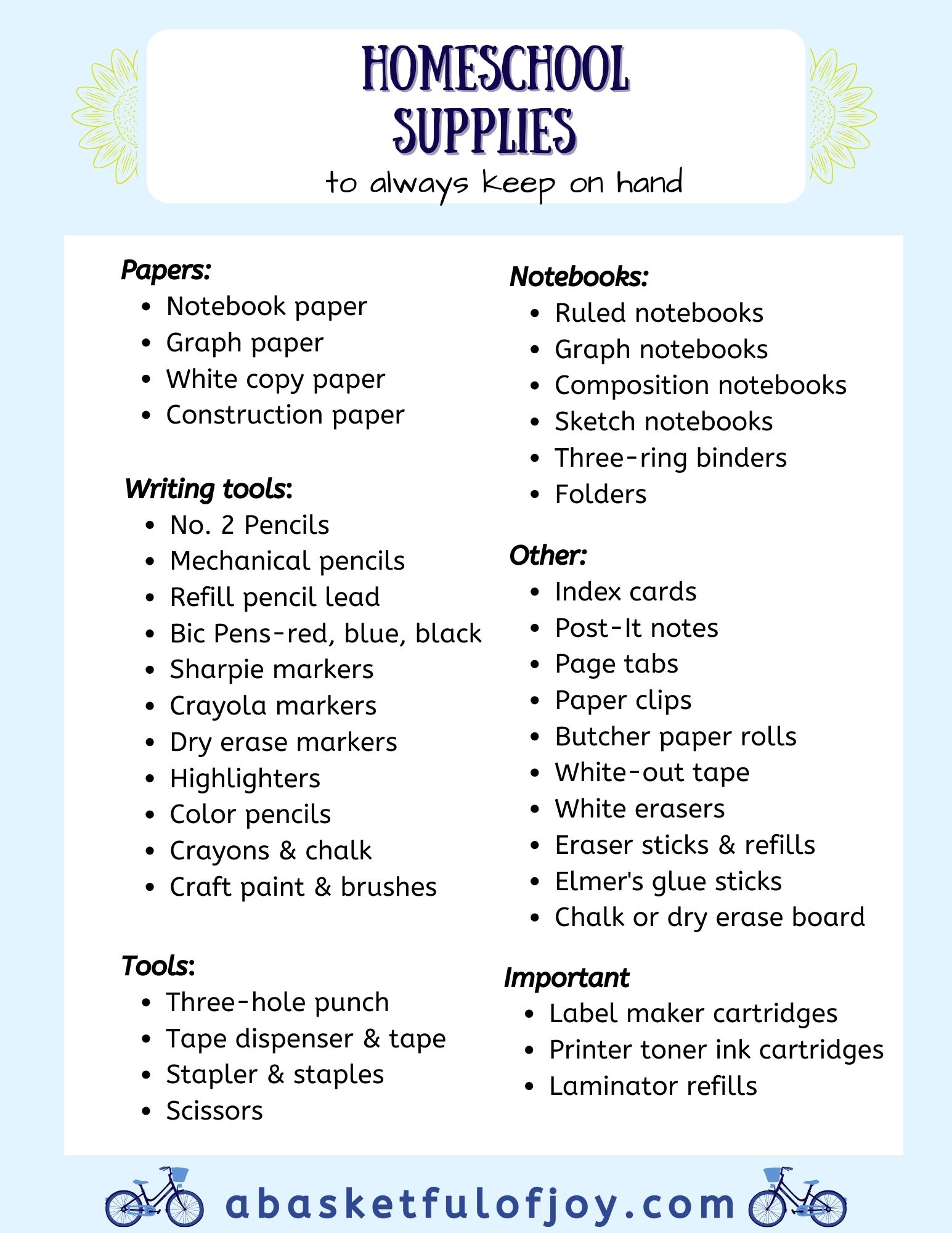 homeschool supplies list